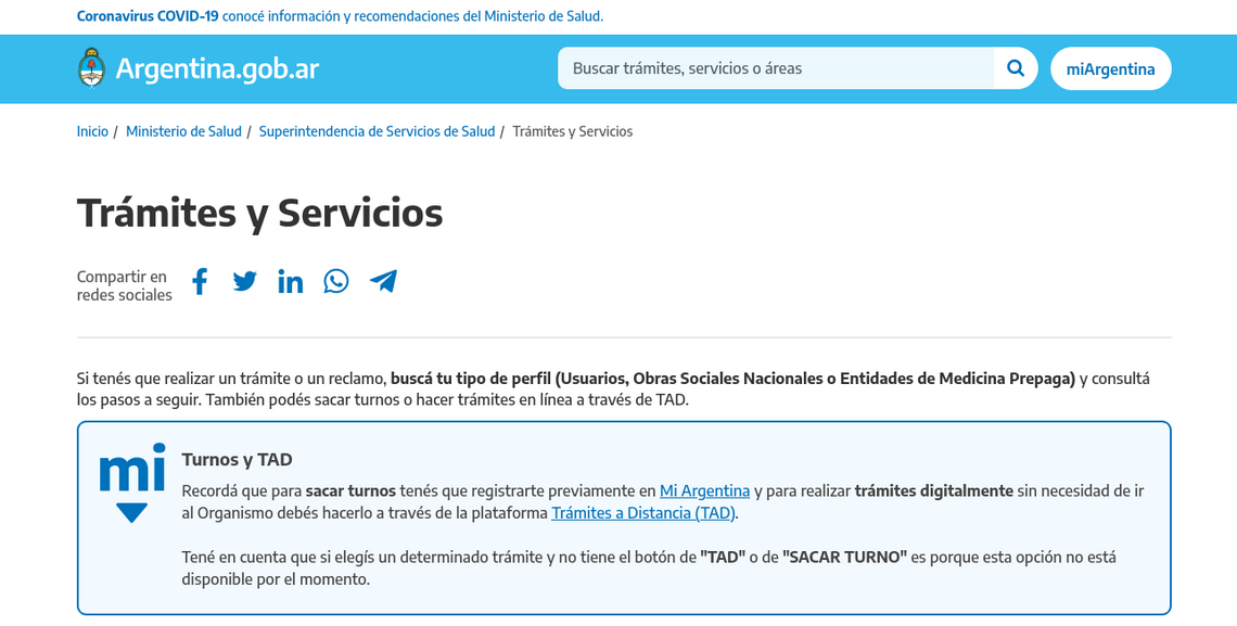 Captura de pantalla del sitio de trámites de la Superintendencia de Servicios de Salud